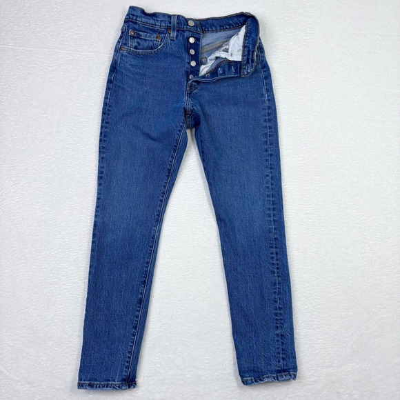 Levis 501 S Womens Jeans Size 26 Button Fly Straight Leg Denim Blue Slim Fit - Picture 1 of 10